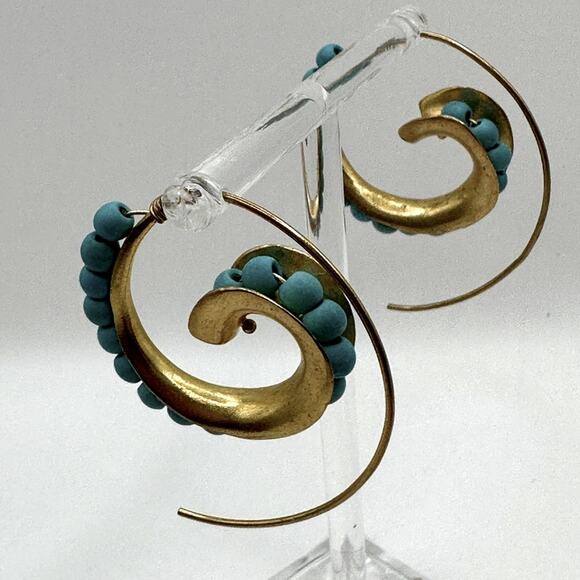 Ottoman Hands Bohemian Brass Turquoise Bead Hoop Earrings Boho Statement Jewelry - Picture 9 of 11